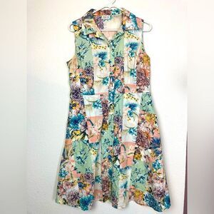 Vintage Floral Patchwork Print Fit & Flare button down shirt dress w/ pockets